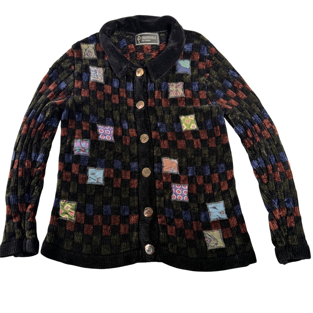 PERIWINKLE VTG Chenille Patch Cardigan made in USA Artsy‎ 90s, cottage core, S/M